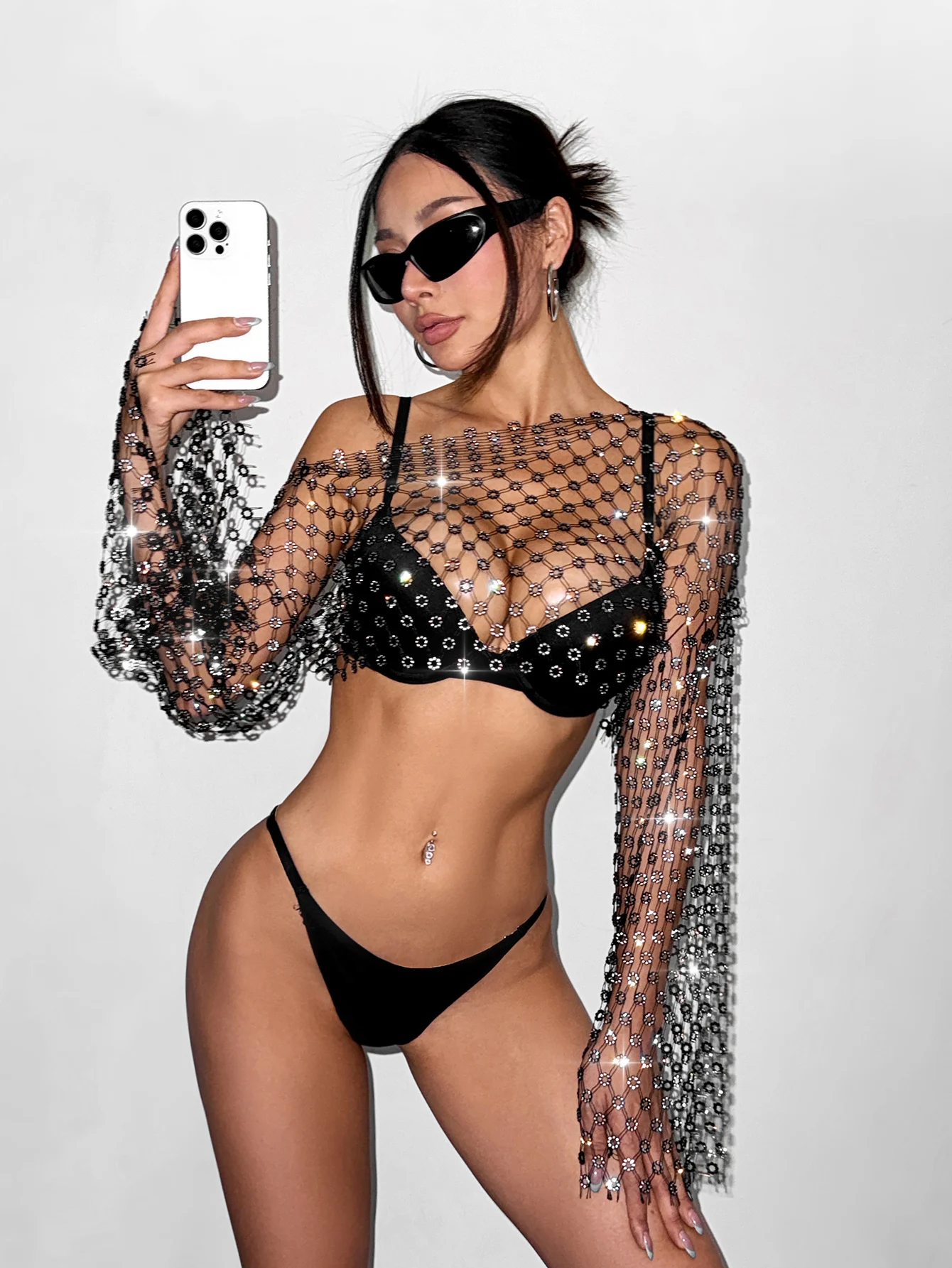 AKYZO Damen-T-Shirt mit Blumen-Fischernetz, langärmelig, mit modischem, ausgehöhltem, hellem Diamant-Nachtclub, sexy Kapuzenoberteil