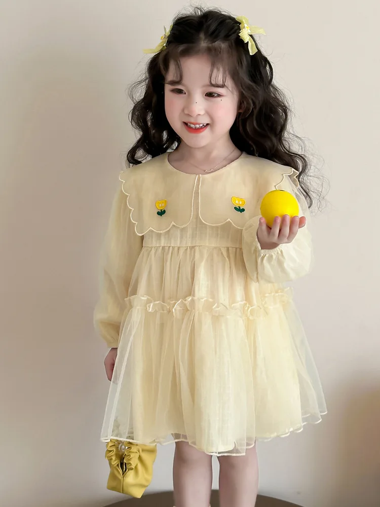 

Girls' Dress2025Spring and Autumn New Fashionable Children's Dress for Girls Baby Sweet Milk Tea Princess Dress