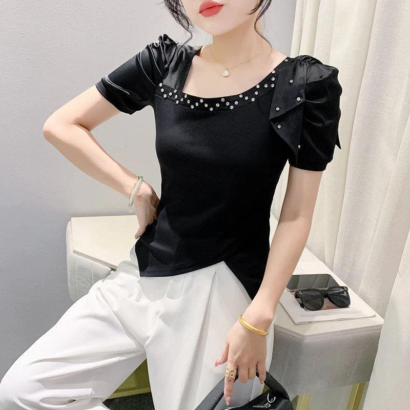 

Black Summer Korean Style T-Shirt Chic Sexy Skew Collar Patchwork Diamonds Irregular Women Tops Puff Sleeve Tees 2024 New 462107