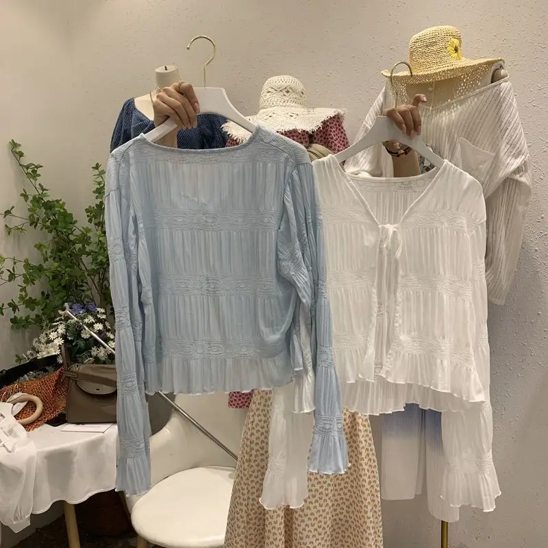 Tie-front Long-sleeved Shirt Sun-protective Cardigan Women Summer Breathable Lightweight Jacket Short Top Design Clothing Trendy