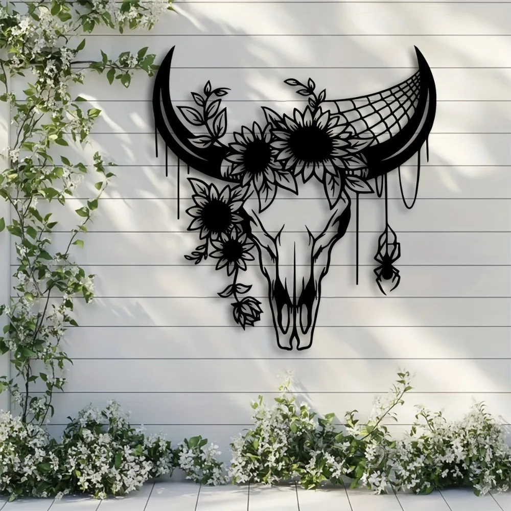CIFBUY Iron Wall Art Western Bull Head Floral Metal Sculpture Hanging Plaque Rustproof Home Decor Ornament Accent