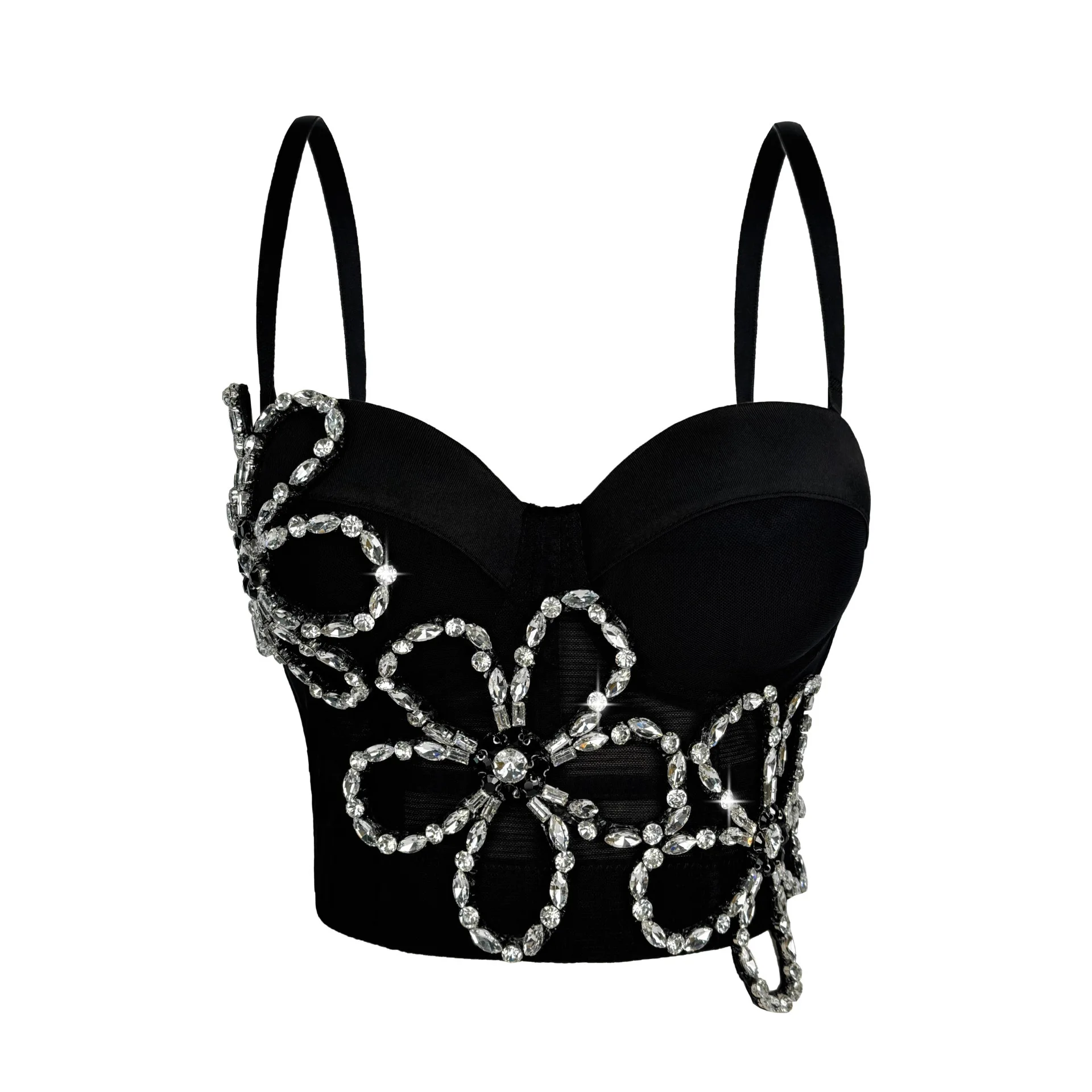 Maßgeschneiderter Damen-BH mit Diamant-Blumen-Fischgrätenmuster, schmal sitzende Leibchenweste, halbtransparentes Mesh-Fischgräten-Top, sexy BH