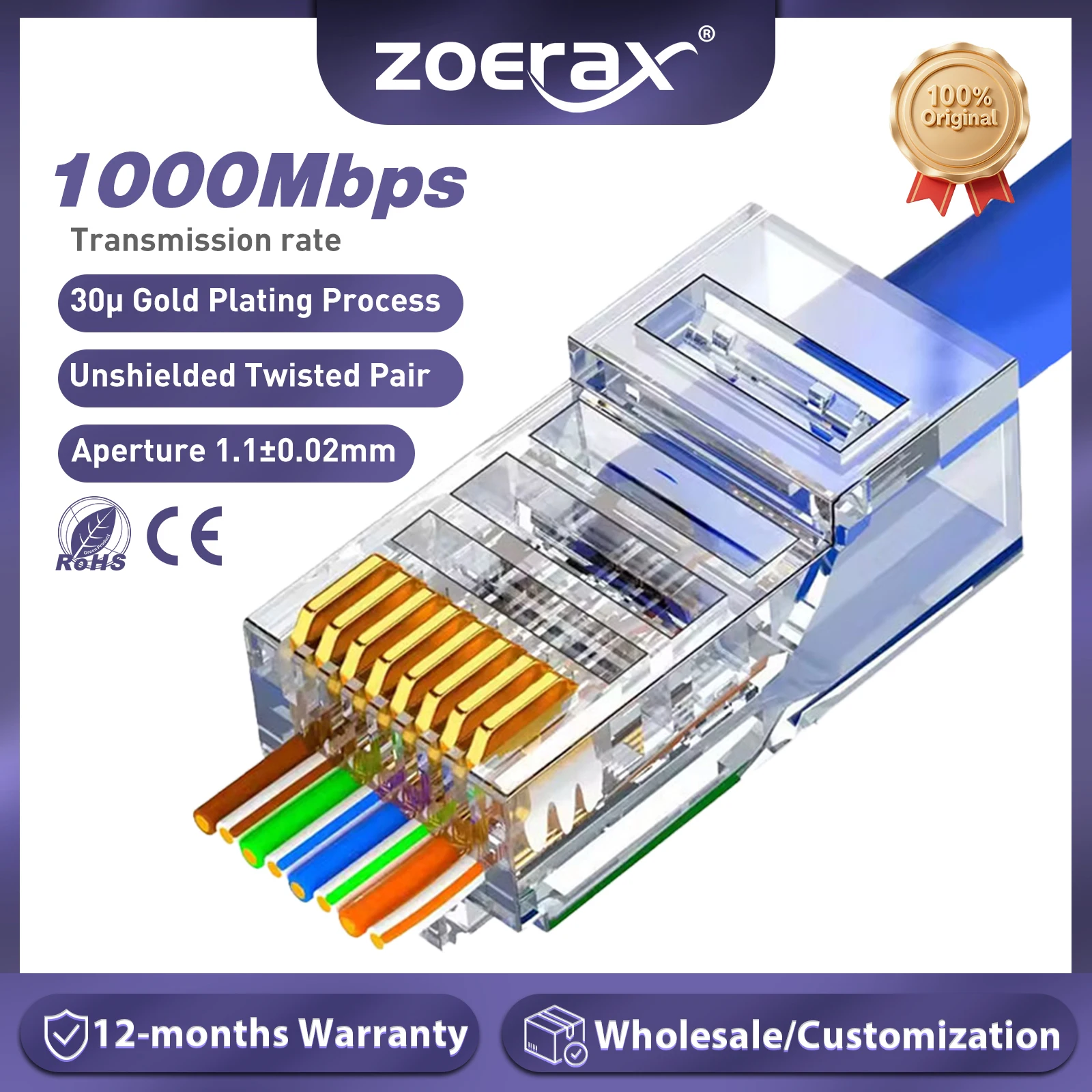 ZoeRax CAT6a Cat6 CAT5e Pass Through RJ45 Modular Plug Network Connectors UTP 30μ Gold-Plated 1.2mm Hole End for Ethernet Cable