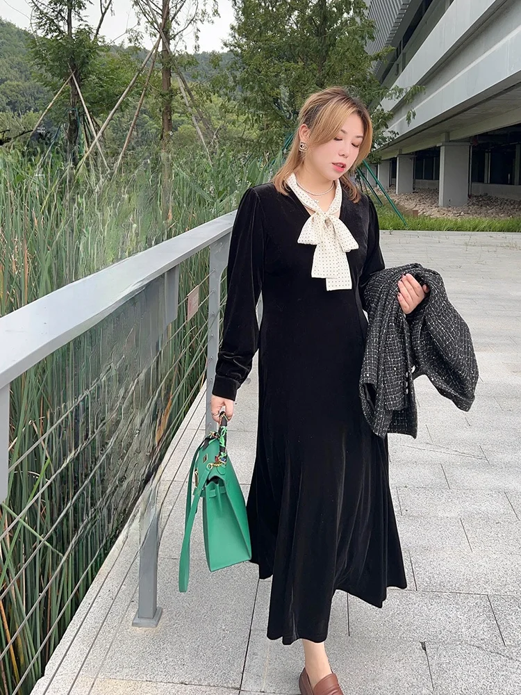 

Vogana Oversized Velvet irt with Bow Tie A-Line Dr Autumn Faion Luxury Comfortable Korean Sle High Waist Skirt