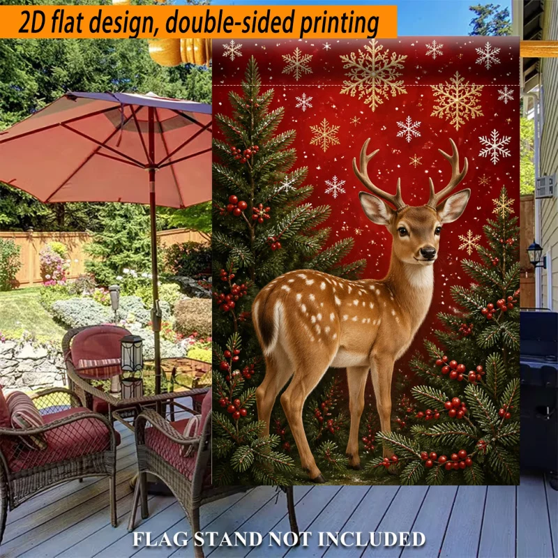 2D Flat, Double-sided Printed 2D Flat Garden Flag, 1pc, Featuring Deer and Snowflakes in Harmonious Combination, Made of Polyester Material, Suitable for Outdoor Home and Garden Decoration, for Holidays, Valentine's Day, Mother's Day, St. Patrick