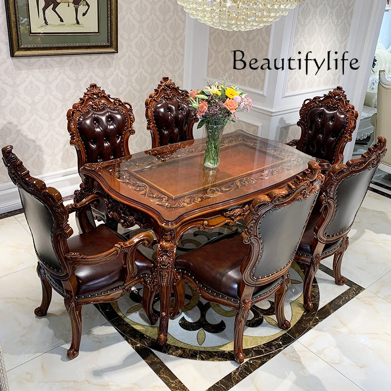 Stół i krzesła z litego drewna w stylu europejskim, salon, luksusowy kwadratowy stół do domu w willi, francuski szklany stół do jadalni