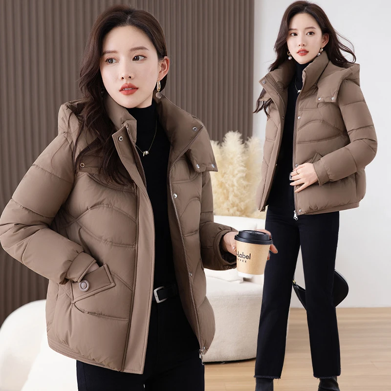 

Короткая зимняя хлопковая куртка, новинка 2025 года, однотонная куртка с длинным рукавом и воротником-стойкой, пушистая толстая теплая хлопковая одежда с капюшоном, повседневные парки