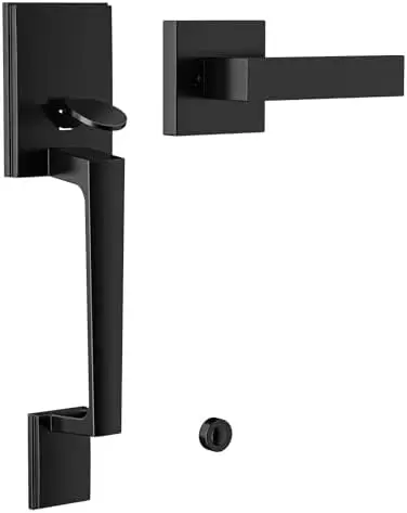 

Black Front Door Handle No Lock – Exterior Entry Door Handle with Interior Passage Levers, Left/Right Compatible, No Deadbolt