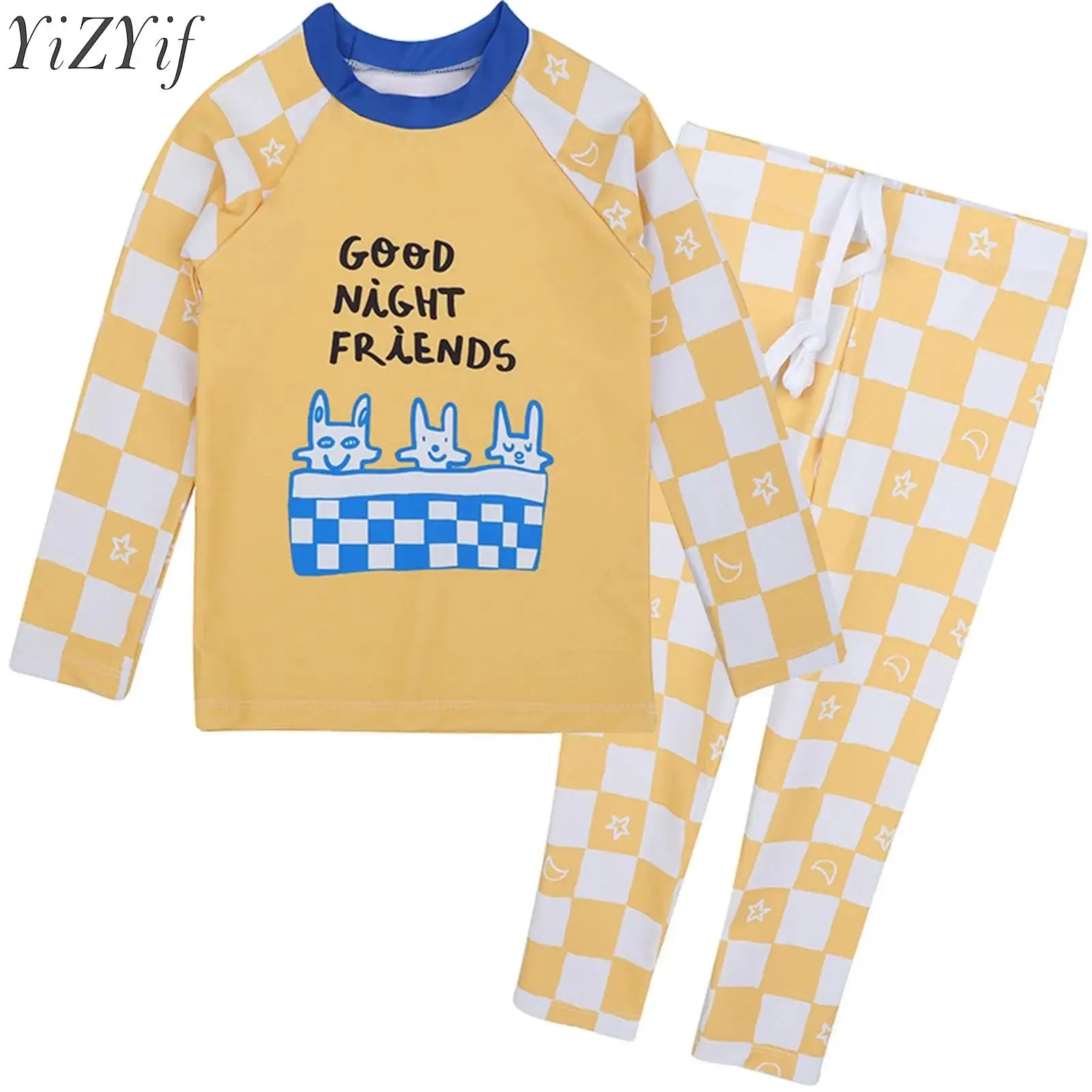 Kids Unisex Boys Girls Summer Casual Sets Long Sleeve Print Tops with Checkered Pants 2PCS Swimsuit for Swimming Water Park Pool