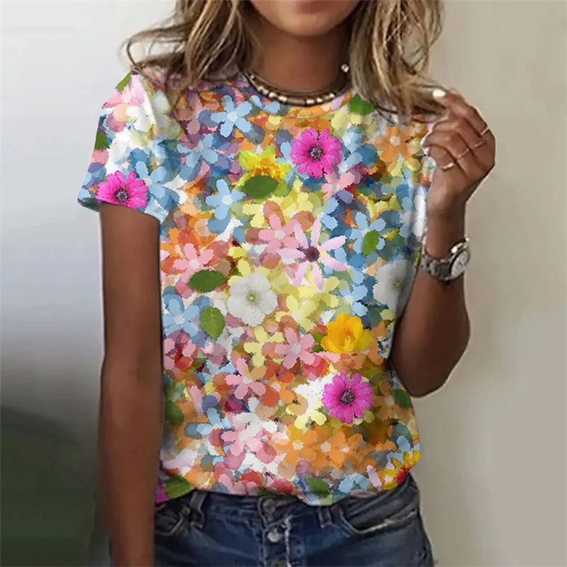 New Summer Harajuku 3D Flowers Printing T Shirt Floral Graphic T Shirts Women Fashion Tee Shirts Girl Funny Short Shirt Clothing