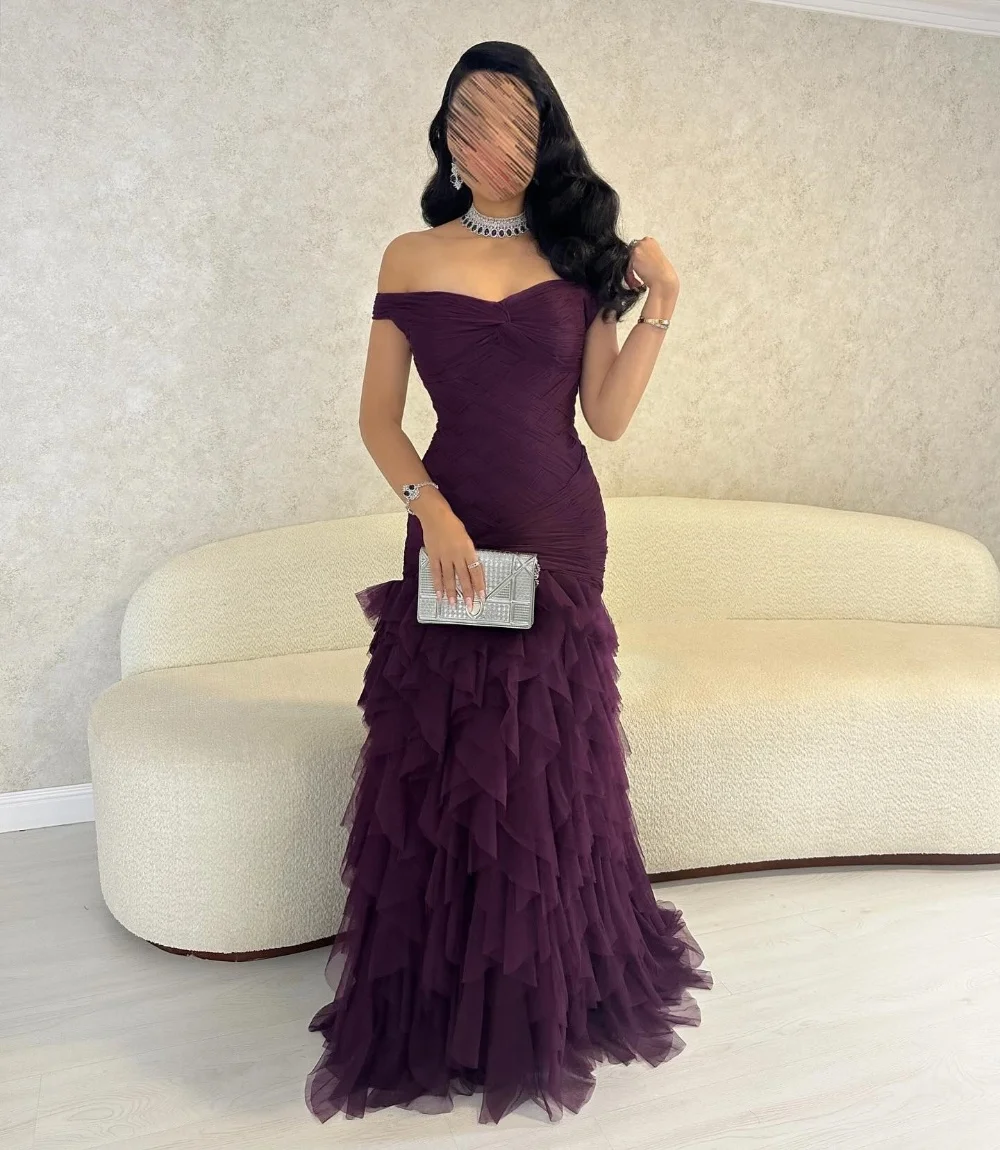 Customized Retro Tulle Pleat A-line Off-the-shoulder Long Dresses Bespoke Occasion Dresses Customized Classic Modern Style