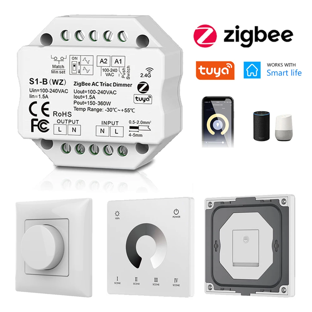 

Tuya Zigbee AC Triac Dimmer LED Lamp Controller Push Switch 110V 220V 230V Wireless Rotary Control Touch Remote for Alexa Google