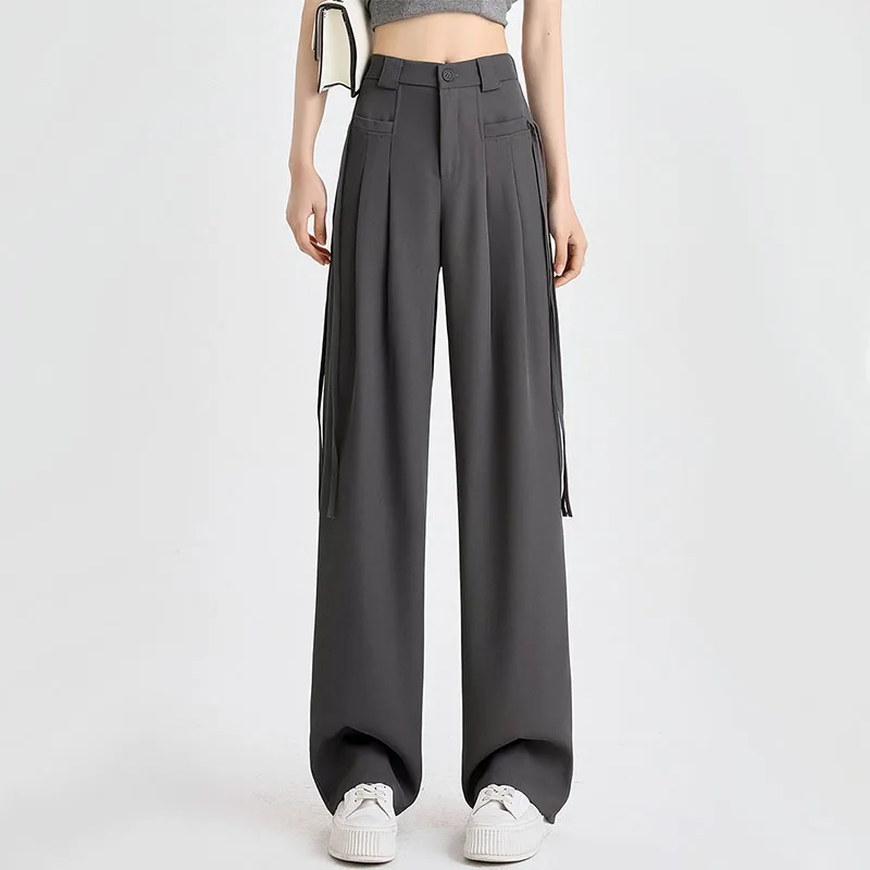 Calça casual feminina de cintura alta de perna larga, elegante calça reta, roupa de escritório, monocromática, primavera, outono, moda