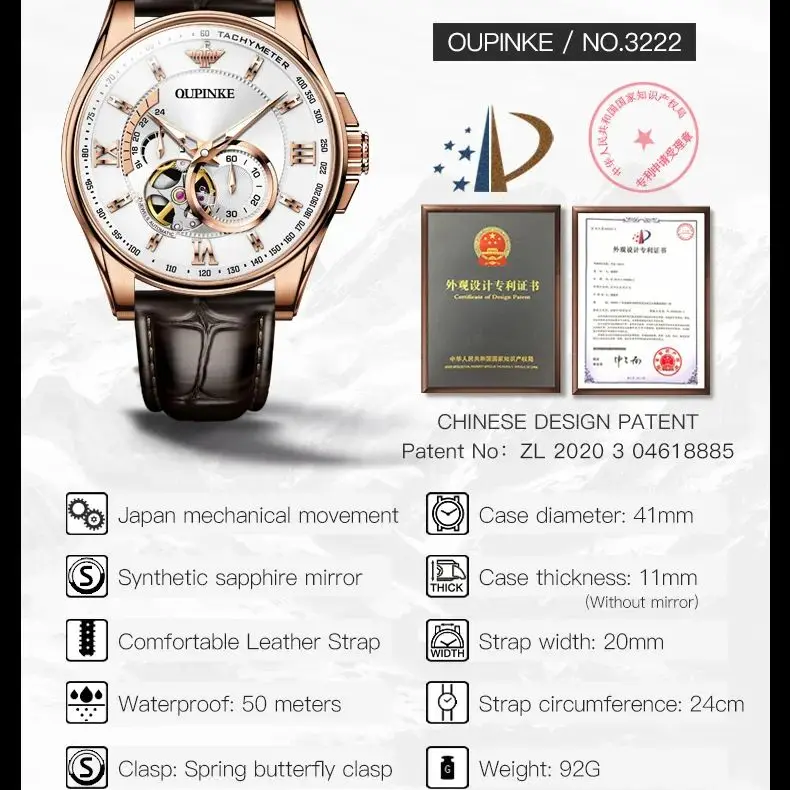 OUPINKE 3222 Luxury Original Men Watch Brand All Automatic Mechanical Watch HD Sapphire Mirror 3D Skeleton Waterproof Men Watch