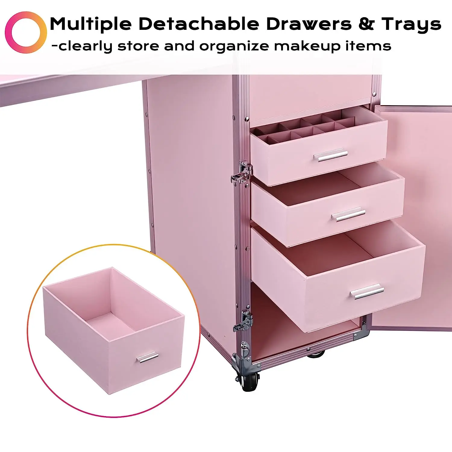 Rolling Manicure Table Foldable Nail Table Makeup Train Case Trolley Travel Storage Organizer with 4 Drawers Mirror & Speaker