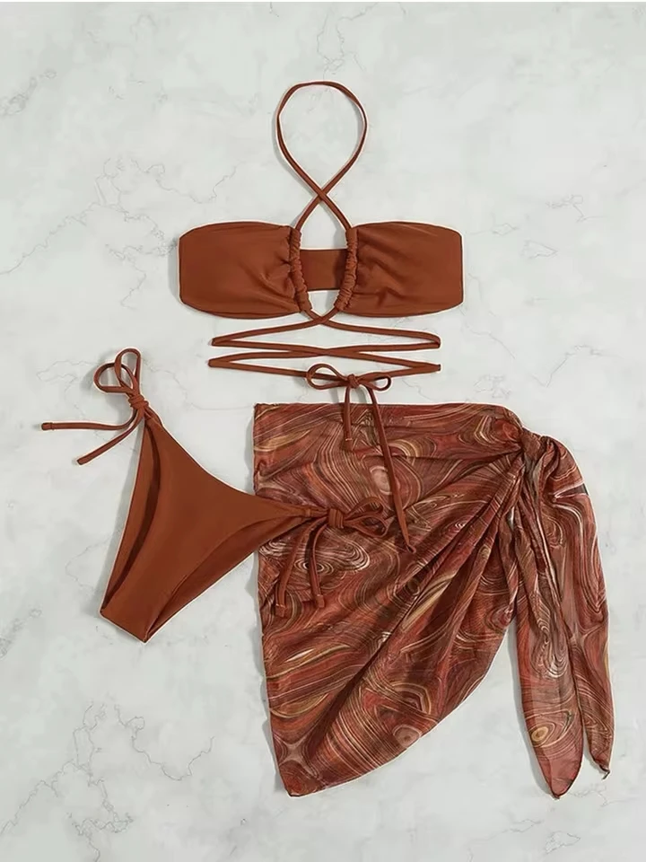 Vzvn Sexy Drawstring Bandage Bikini Women Split Swimsuit Beach Vacation Bikini 2026 All Season Backless Bikinis Mesh 3 Piece Set