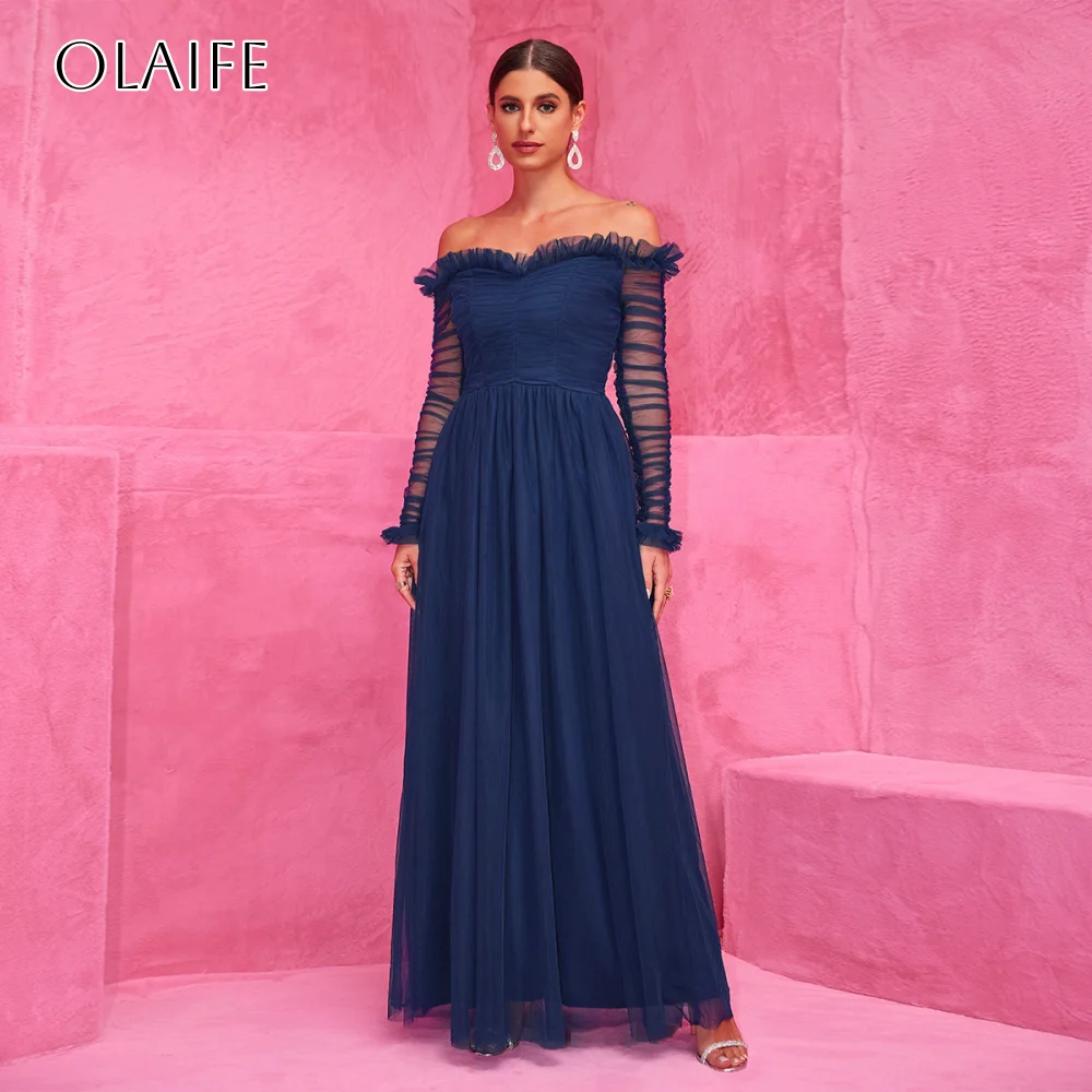 

A-line Prom Dresses Off Shoulder Long Sleeves Tulle Ankle Length Pleated Party Wear Customized vestidos de festa