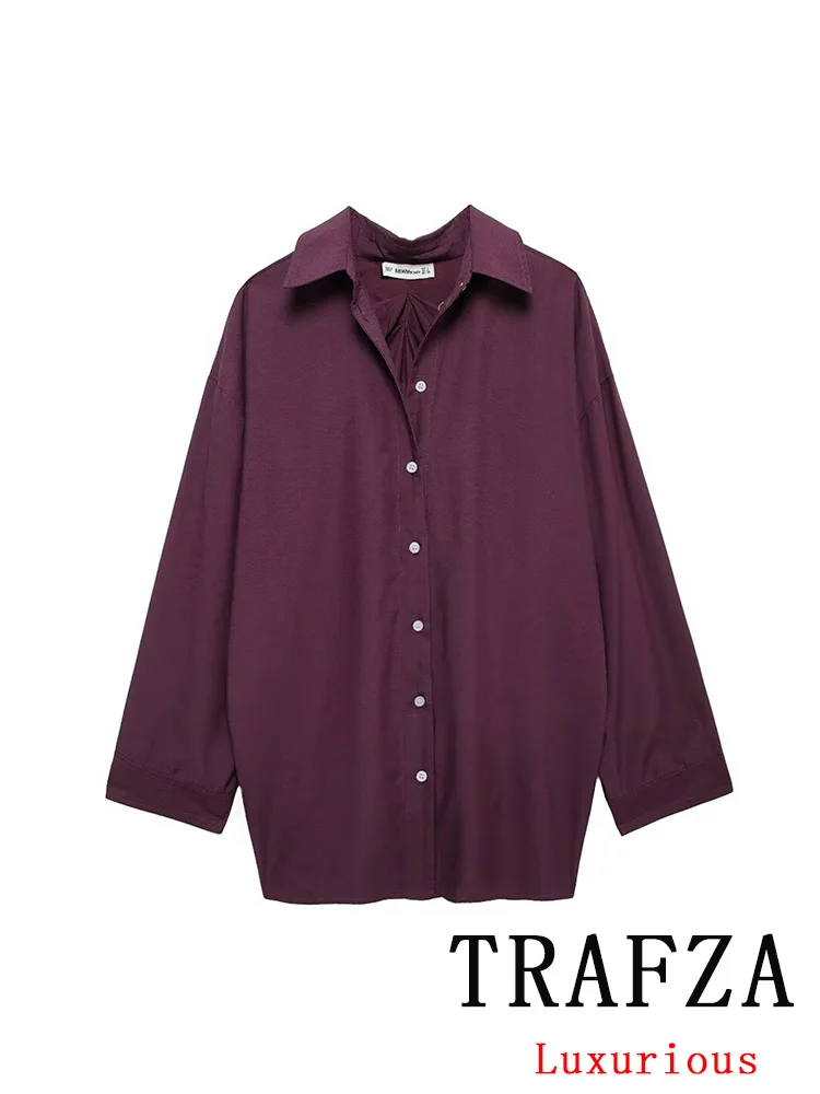 TRAFZA Vintage Casual Solid Women Blouse Long Sleeve Turn-down Collar Single Breasted Loose Blouse Fashion 2024 Autumn Shirts