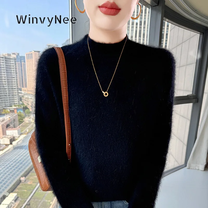 WinvyNee Women Sweater Mink Velvet Mock Neck Relaxed Fit Brushed Fabric Knit Holiday Attire Street Vibe Daily Outfit ZA1248071