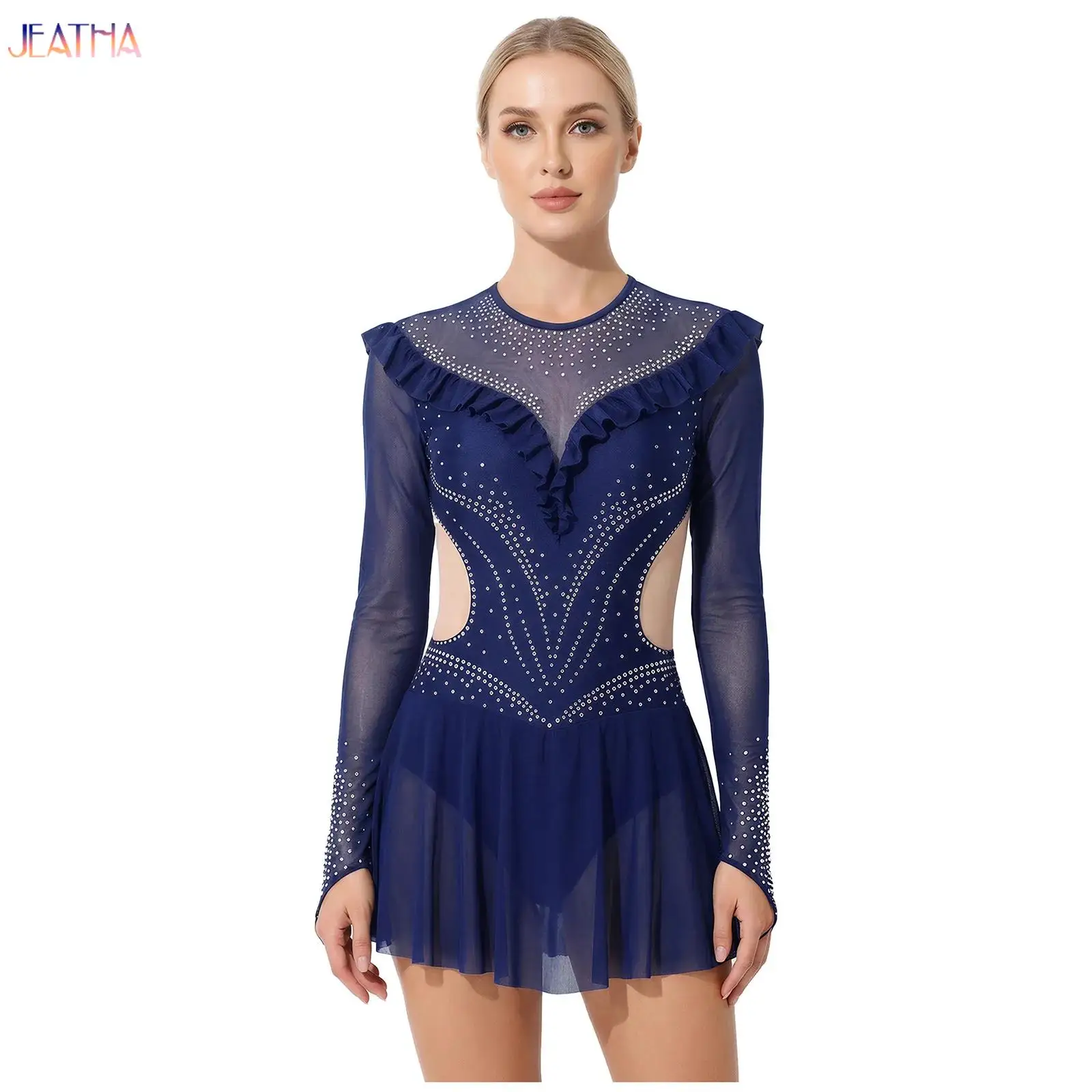 

Adults Womens Gymnastics Artistic Figure Skating Ballet Lyrical Dance Stage Performance Costumes Shiny Rhinestones Dance Dress