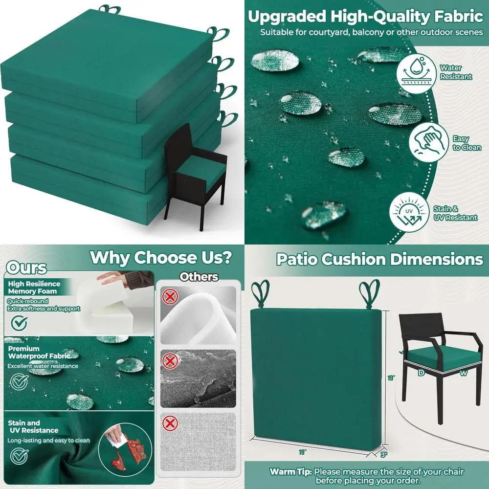 

Набор из 4 водонепроницаемых уличных подушек, 19x19x3 дюймов, толстые подушки для сидений для патио, столовой в саду, зеленый цвет