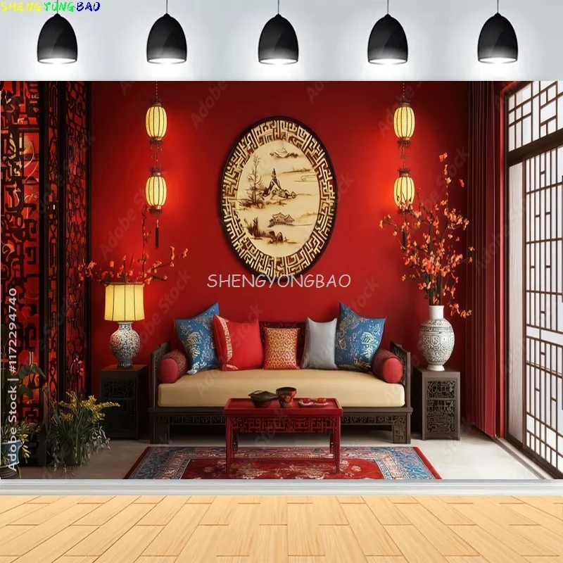 Chinese New Year Decor Photography Backdrops Red Lanterns Flowers Decorated Spring Festive Fan Blossom Background TK-02
