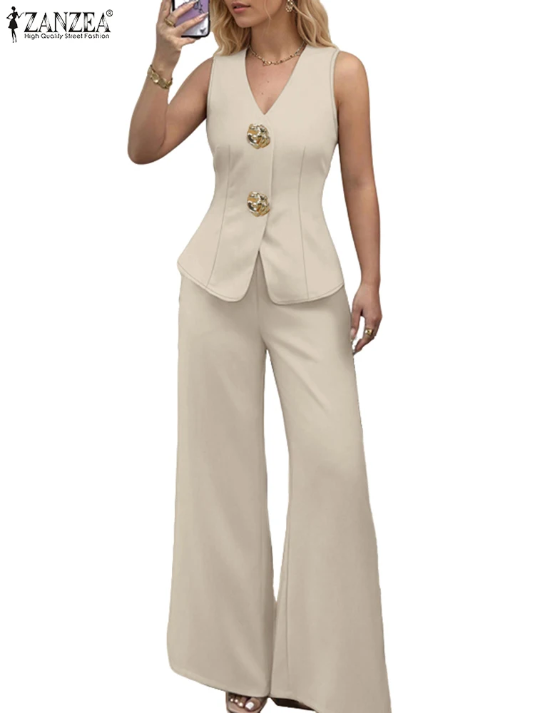 

ZANZEA 2025 Summer Outfits Women Fashion Matching Sets V Neck Sleeveless Tanks Tops Trousers Suit 2PCS Solid Work OL Tracksuits
