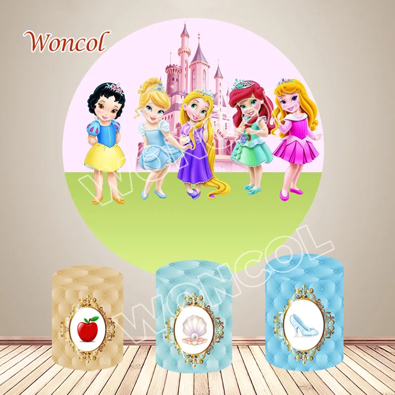 Baby Princess Round Cover Snow White Aurora Ariel Cinderella Rapunzel Birthday Backdrop 1st 2nd 3rd Baby Shower Cylinder Cover