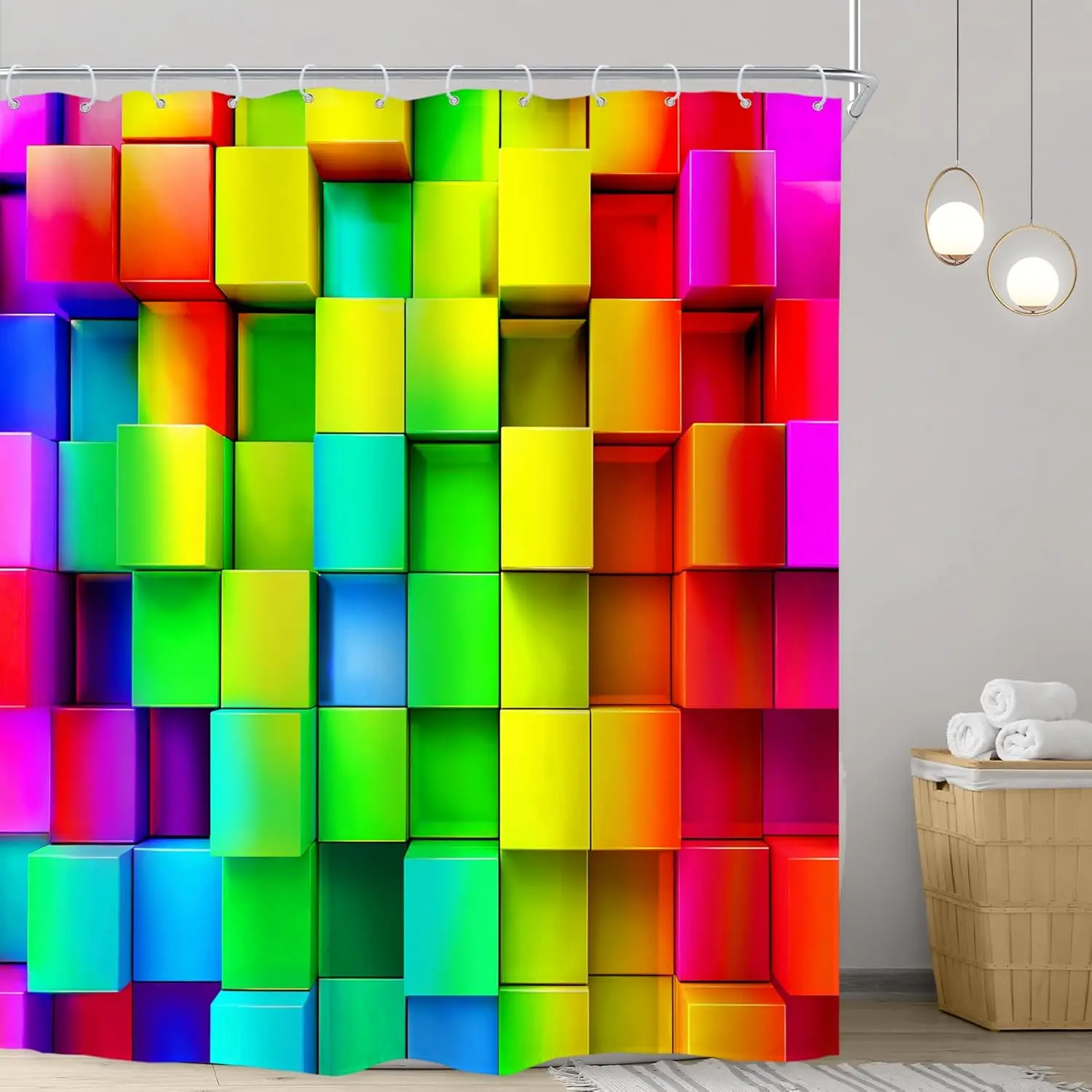 Extra Long Colorful Rainbow Wall Shower Curtain Abstract Brick Neon 3D Bright Geometric Plaid Colored Modern Chromatic Bathroom