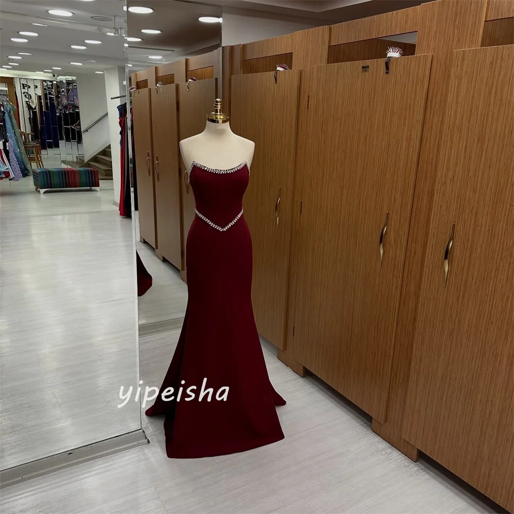 맞춤형 모던 스타일 패션 저지 라인스톤 플리츠 머메이드 스트랩리스 롱 드레스 맞춤형 행사 드레스 포멀 매칭