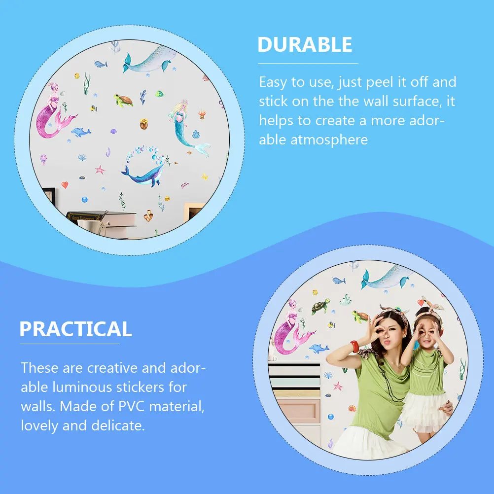4 Sheets Wall Decals Glowing Mermaid Shaped Stickers Decorative Adhesive Glow-in-the-