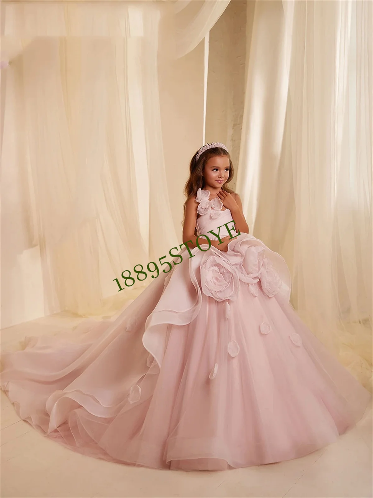 

Pink Flower Girl Dress Puffy Wedding Party Dresses Cute Baby Girl Dress Princess Dress First Communion Gown Ivory