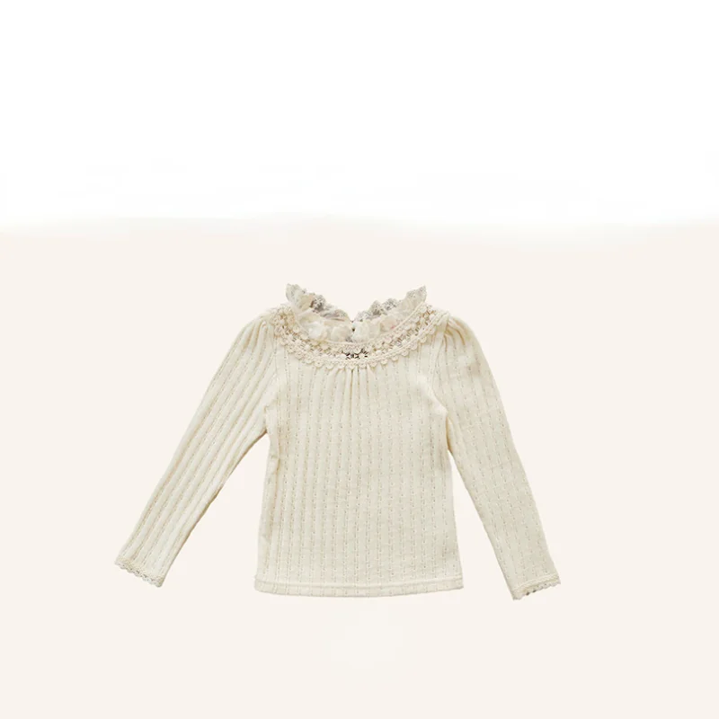 Spring Autumn Children T-shirt Striped Sweatshirts Long Sleeves Cotton Baby Girls Round Collar Lace Blouse Tops for Girls CC014