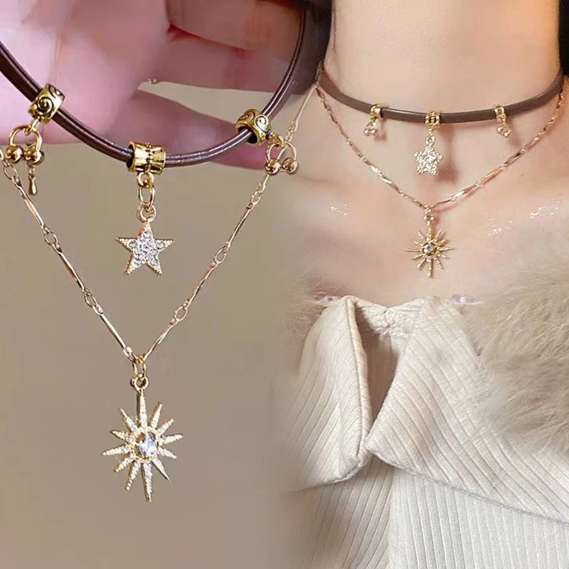 Vintage Bohemia güneş yıldız zirkon kolye kadınlar için deri kolye çift katmanlı yıldız kolye zincir gerdanlık moda takı