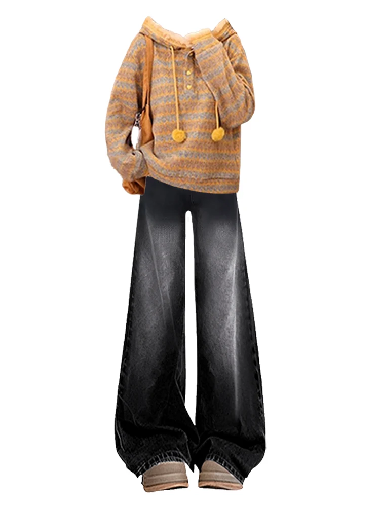 العصرية المرأة الشتاء محبوك سترة عالية الخصر واسعة الساق الجينز مجموعة اللون بلو مخطط هوديي طويل Sve Faion الزي