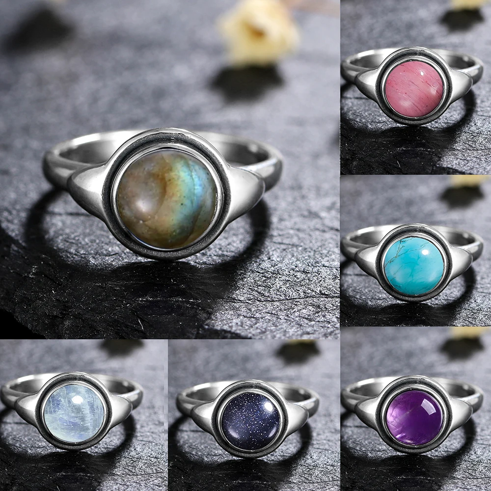 

S925 Sterling Silver Ring for Women 8MM Oval Natural Moonstone Turquoise Laqbradorite Rhodochrosite Gift Party Jewelry