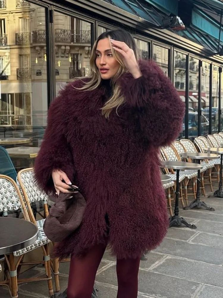 Women\'s Fashion Wine Red Furry Faux Fur Warm Coat 2024 New Thicken Fluffy Plush Loose Trendy Jacket Winter Chic Lady Outerwear