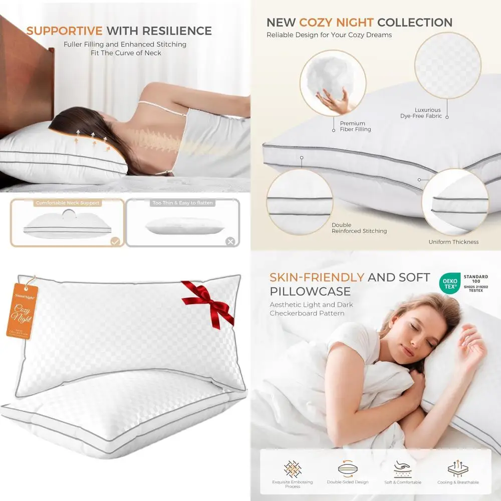 

Набор роскошных подушек Queen-размера, 2 пышные подушки в гостиничном стиле с бортиком для поддержки шеи, идеально подходят для всех положений тела во время сна, 18x28