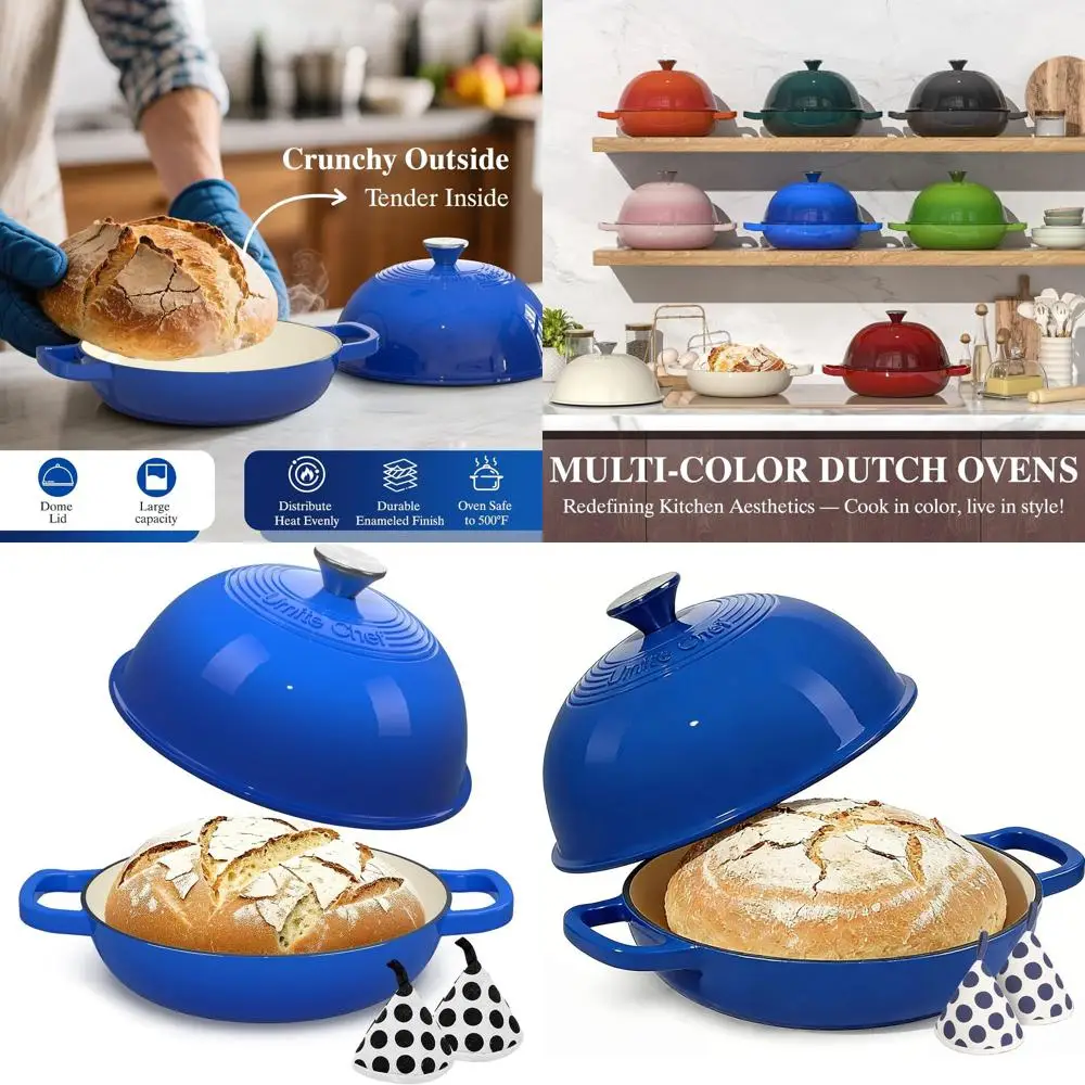 

6-Quart Dark Blue Cast Iron Dutch Oven with Lid for Sourdough Bread Baking and Cotton Potholders