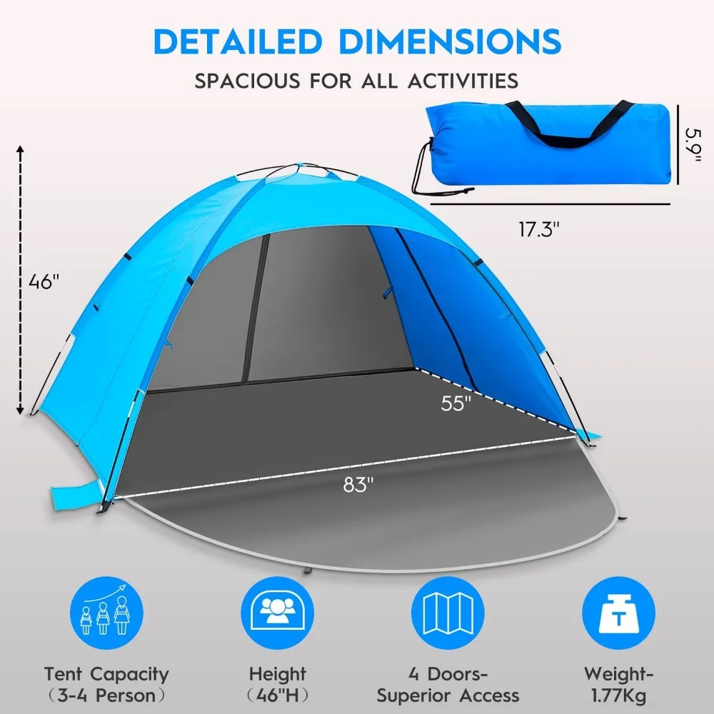 خيمة محمولة مأوى للشمس تتسع لـ 4 أشخاص مع عامل حماية من الأشعة فوق البنفسجية 50+، تصميم مكون من 4 أبواب قابل للتنفس وأعمدة من الألياف الزجاجية مقاس 8.0 مم #4