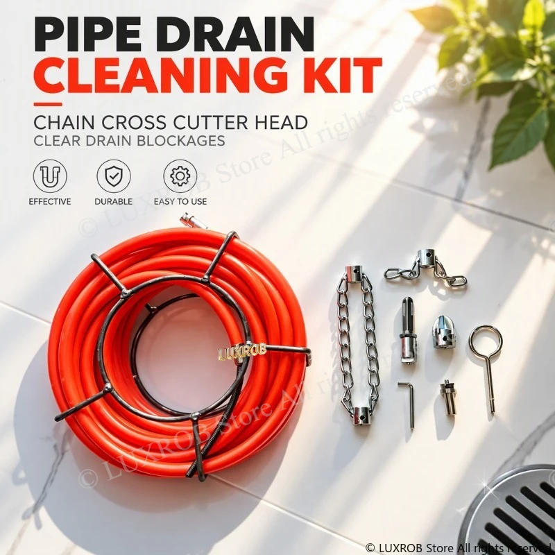 Pipe Drain Auger Kit,16mm Drill Connector,14mm PE Outer Hose & 8mm Shaft,Kitchen & Bathroom Sewer Clog Remove
