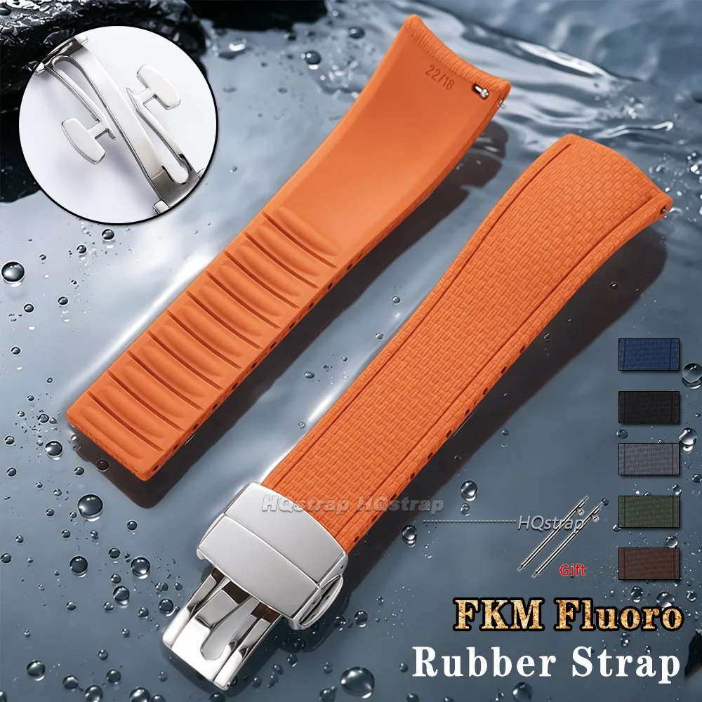 Genuine FKM Rubber Strap 18/19/20/21/22/24mm Universal Bracelet Curved End Watch Band Folding Buckle Sport Waterproof Wristband