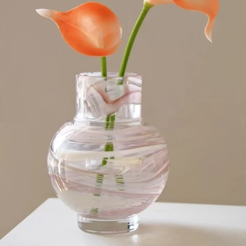 

Retro French Vase Desktop Glass Pink Moire Small Vase Home Flower Arrangement Ornament Vaso Porcelana Office Decoration