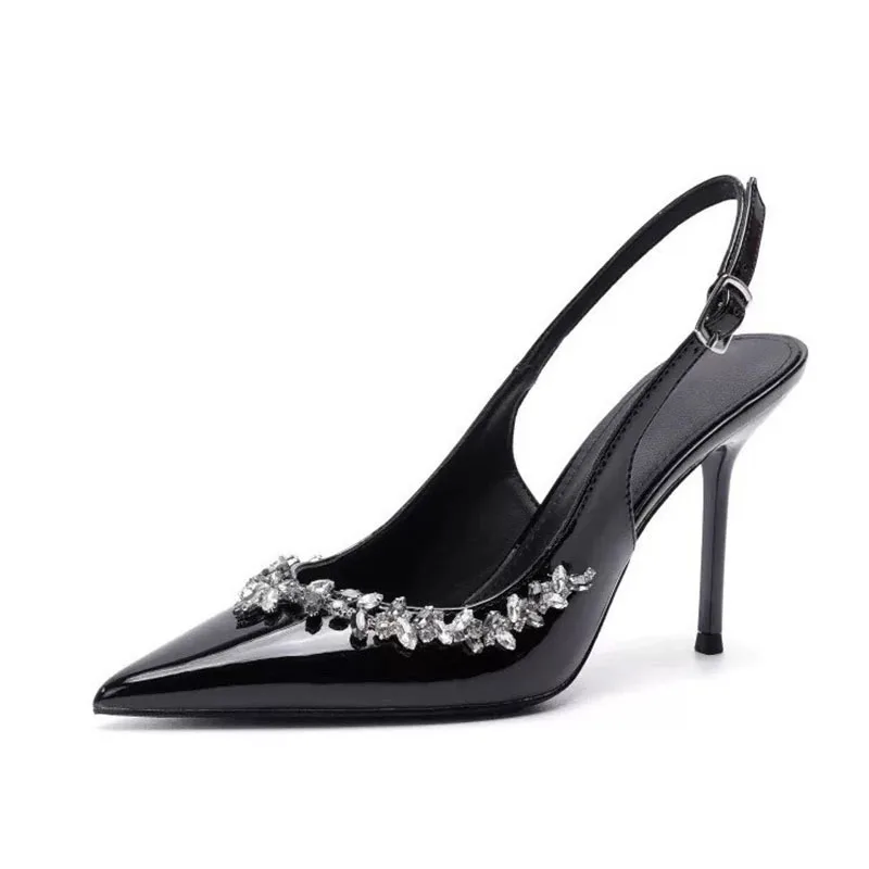 

Элегантные туфли-лодочки из черной лакированной кожи с острым носком, женские босоножки на тонком высоком каблуке с бриллиантами