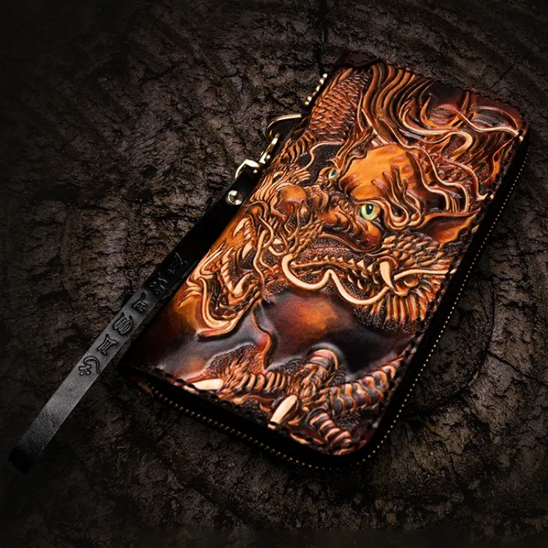 

Vegetable Tanned Leather Hard Wallets Carving Dragon Brave Purses Men Long Clutch Zipper Wallet Card Holder