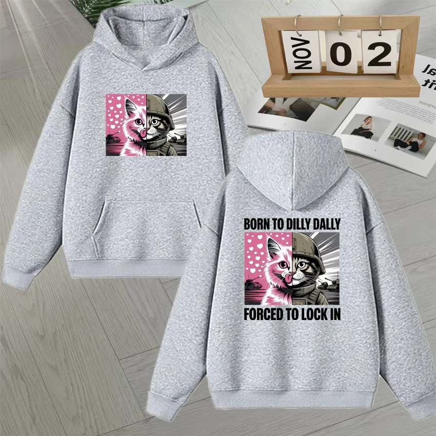 ولد إلى ديلي دالي أجبر إلى قفل في مضحك القط ميمي هوديي طباعة مزدوجة الجوانب البلوز للجنسين بلوزات الخريف الشتاء فضفاضة #6
