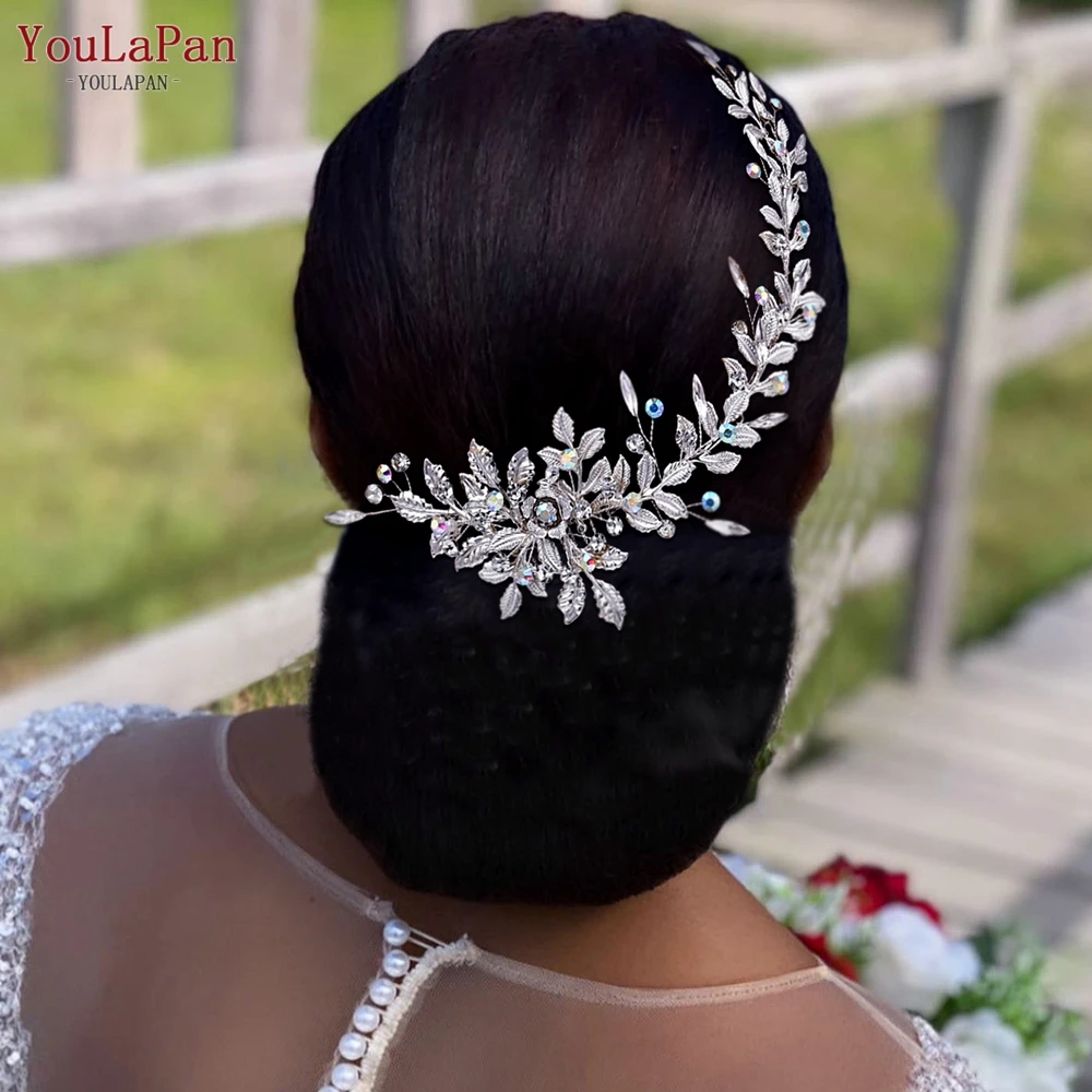 

YouLaPan Brdal Headpiece with Comb AB Color Rhinestone Wedding Headdress Hair Accessories Jewelry Handmade Bride Headband HP544