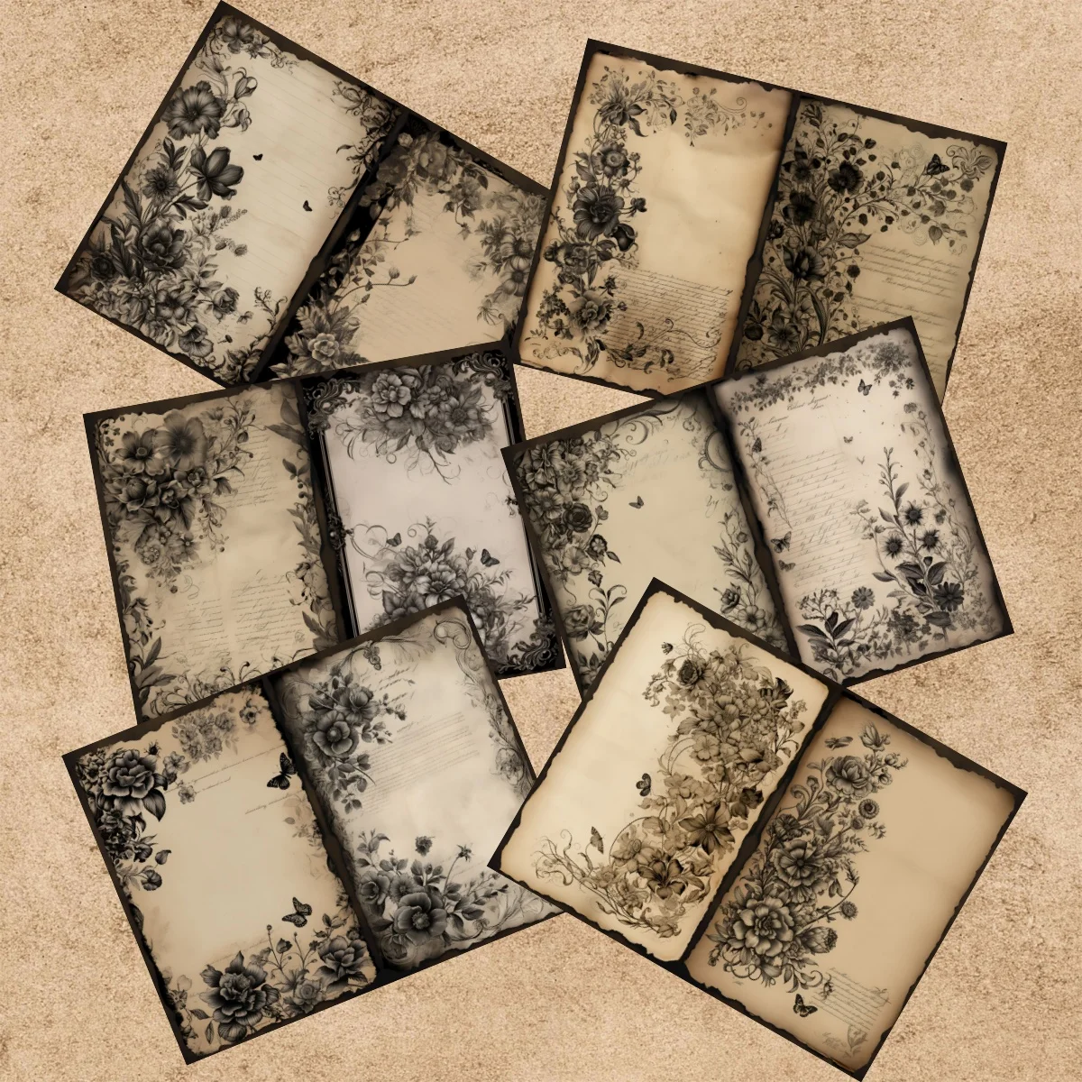 10 Sheets A5 Size Vintage Gothic Dark Lace Flowers Background Vintage Grunge Journal Planning Scrapbooking