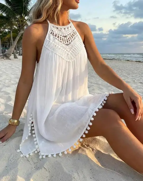 Damesjurken Nieuwe Halter Stropdas Kant Gesplitst Mouwloos Zijsplit Jurk Casual Hollow-Out Terug Pom Pom Trim Semi Sheer Cover Up