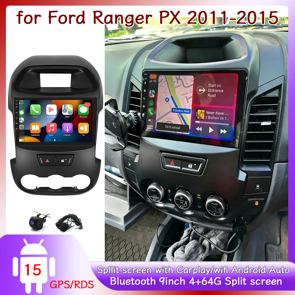 

4+64G 9inch Car Stereo Radio GPS Navigation for Ford Ranger PX 2011-2015 with Carplay Android Auto Bluetooth Wifi FM/RDS SWC